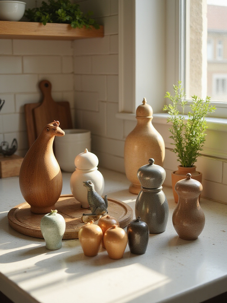 A collection of unique, decorative salt and pepper shaker sets displayed on a kitchen countertop, showcasing various designs and materials to add style.