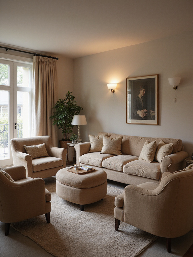 A stylish living room featuring comfortable seating, including a plush sofa, two armchairs, and an ottoman, arranged around a coffee table on a rug.