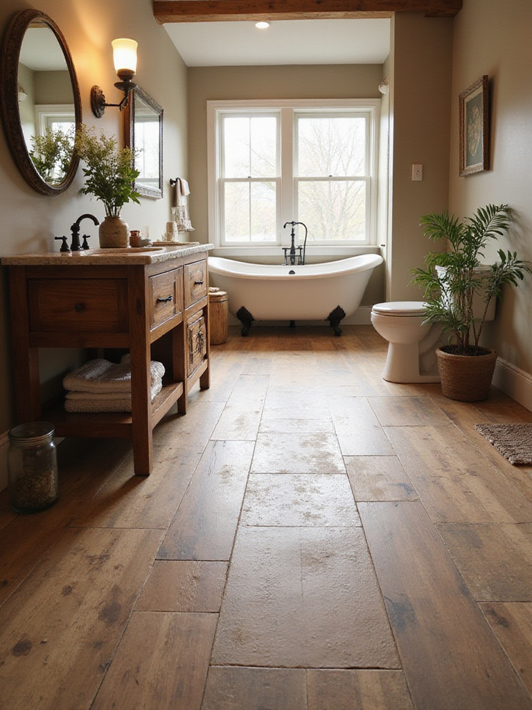 Rustic bathroom floor featuring large format wood-look tile or natural stone, with a reclaimed wood vanity and clawfoot tub visible in the background.