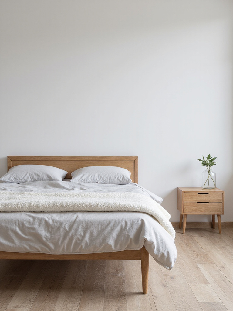 Slim-profile furniture with legs and clean lines selected for a small bedroom to reduce visual bulk and create a sense of openness.
