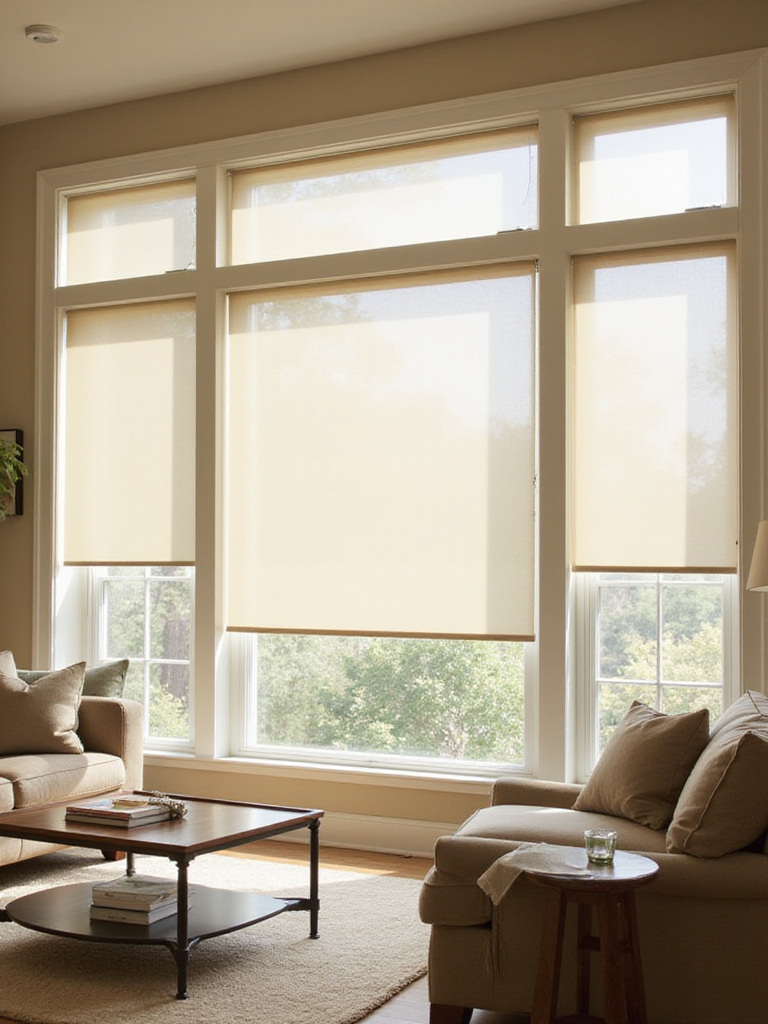 Living room with light-filtering shades providing soft natural light and privacy.