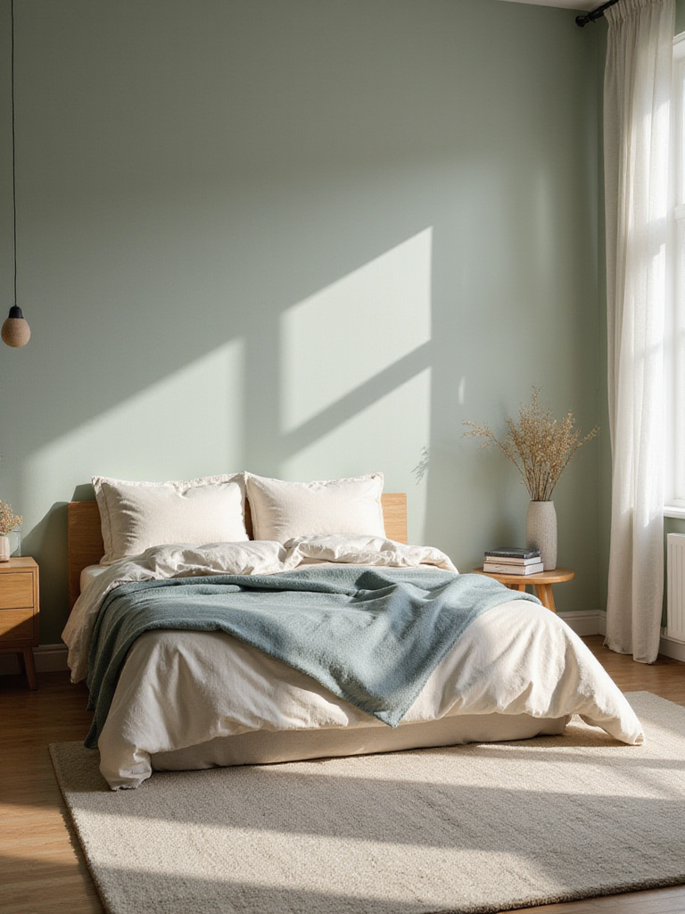 A peaceful apartment bedroom decorated in a calming color palette of soft sage green walls, cream and beige bedding, and subtle blue accents, creating a serene and relaxing atmosphere.