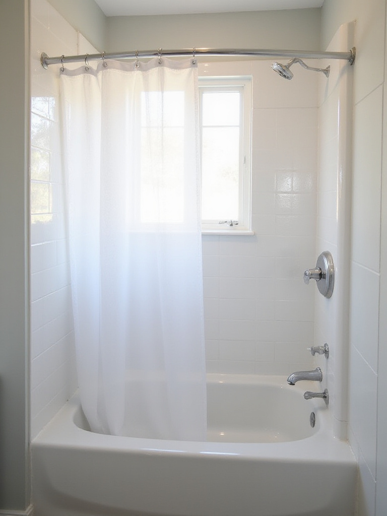 A small bathroom with a clear shower curtain over the bathtub, allowing light to pass through and making the space feel larger.