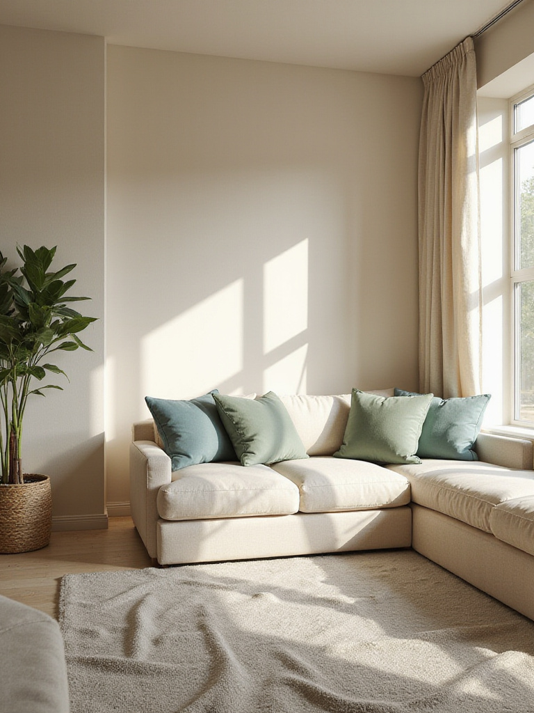 Comfortable living room with harmonious neutral, green, and blue color palette creating a calm mood.