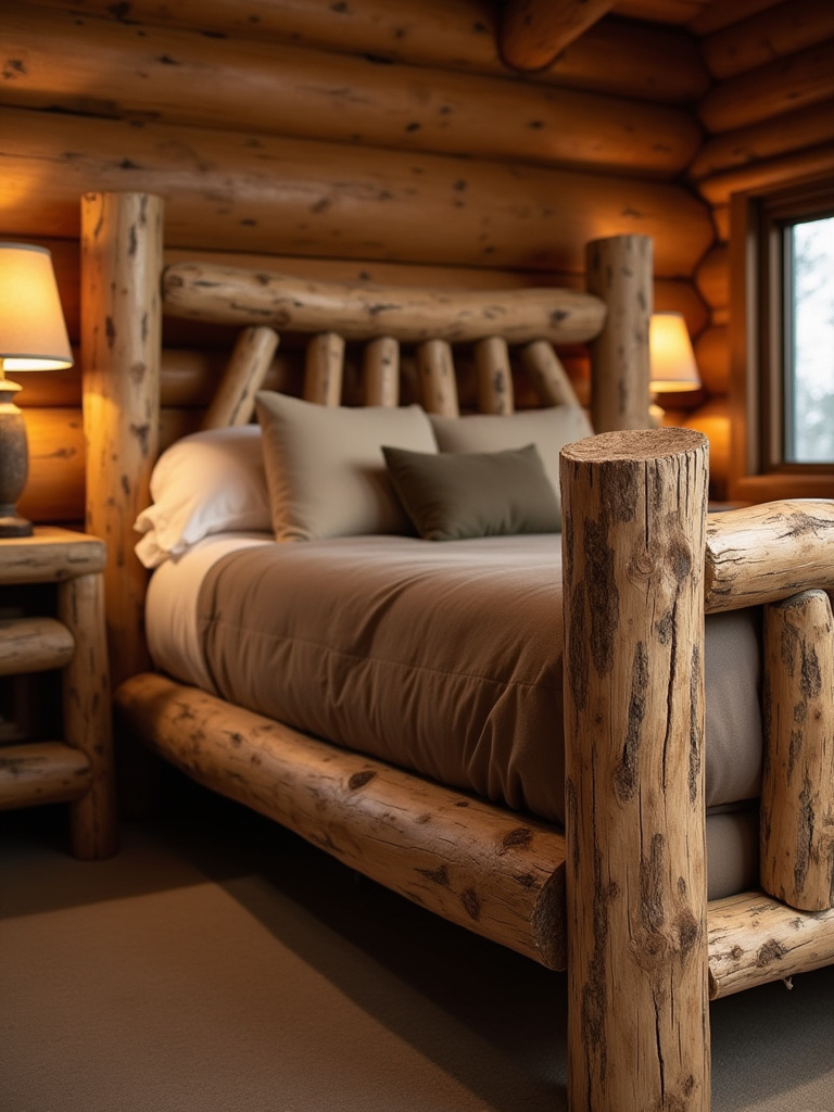 Rustic bedroom with a sturdy log bed frame featuring natural wood grain and cozy decor.