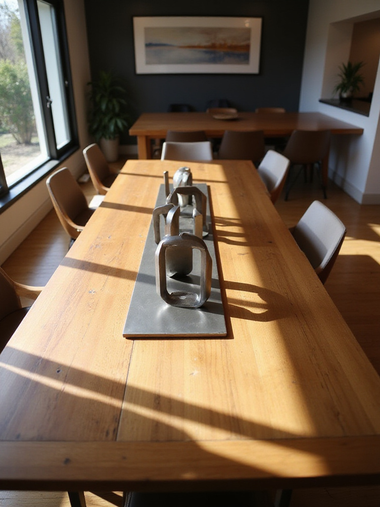 Modern dining room with a minimalist brushed steel geometric centerpiece on a wooden table.