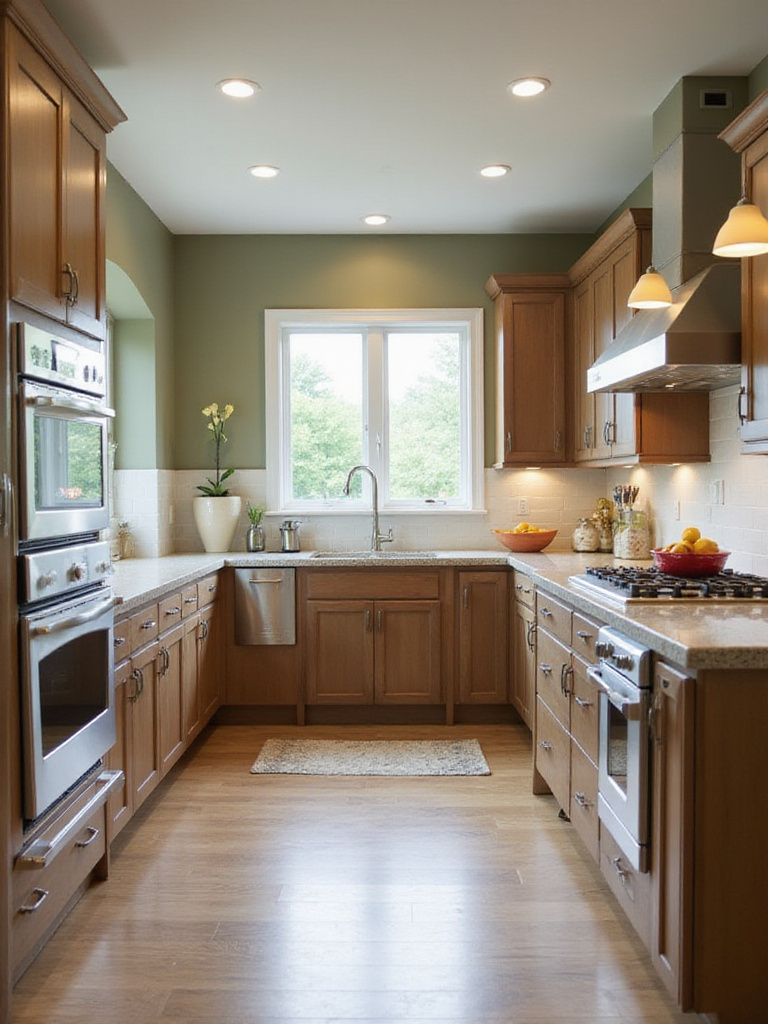 Kitchen with brown cabinets and sage green walls.