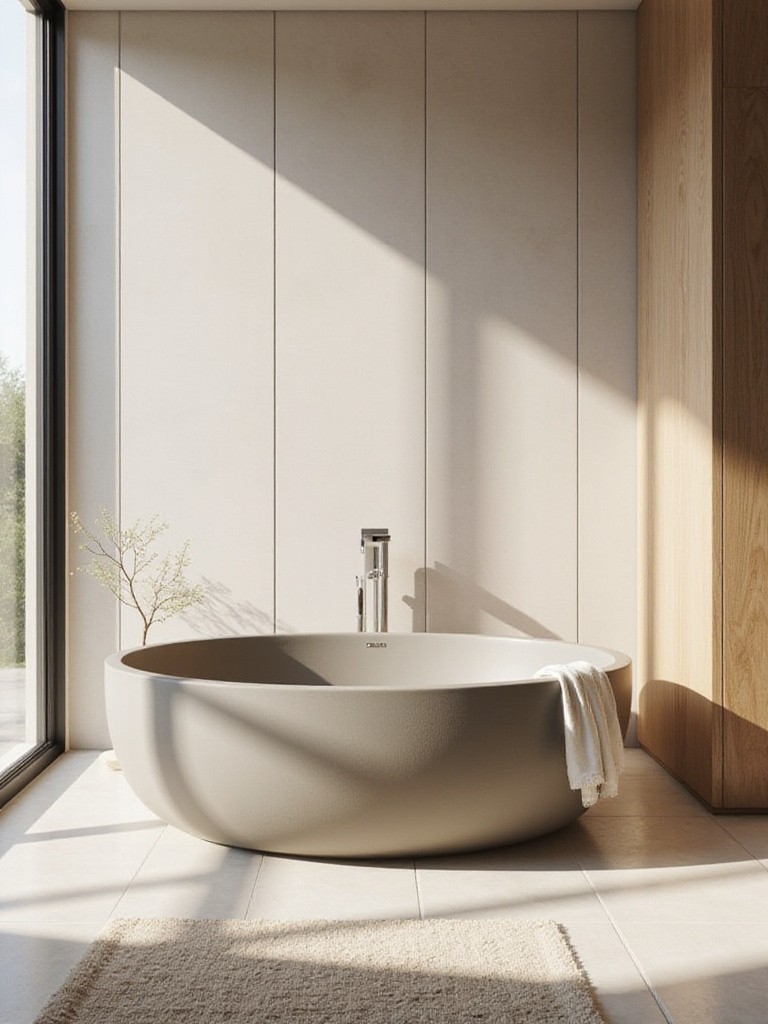 A modern bathroom featuring a smooth, matte solid surface freestanding bathtub, illustrating a stylish material choice for a remodel.