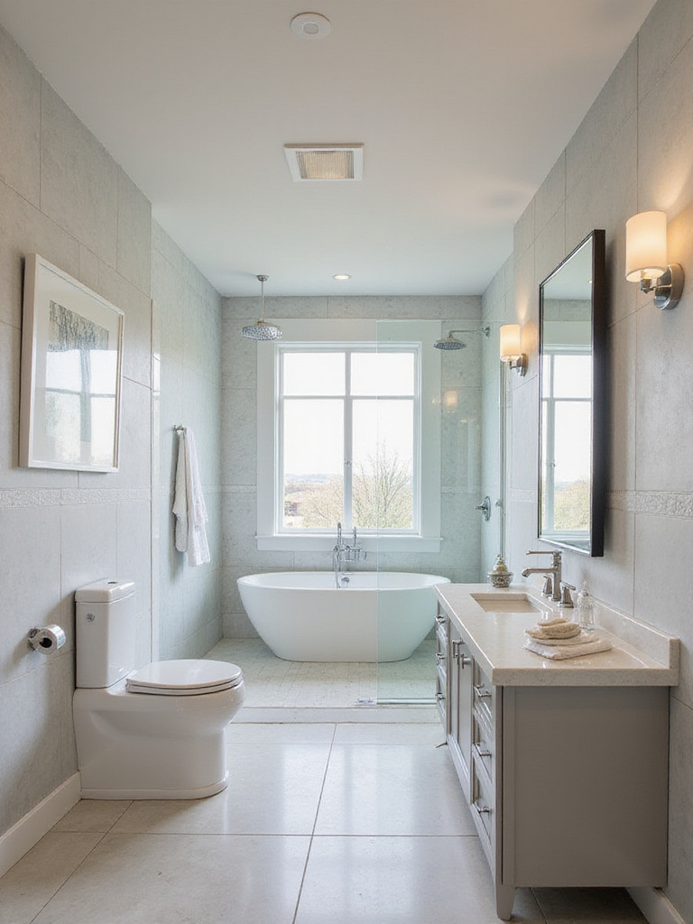 Stylish master bathroom featuring modern toilet, undermount sink with wall-mounted faucet, freestanding tub, and glass shower.