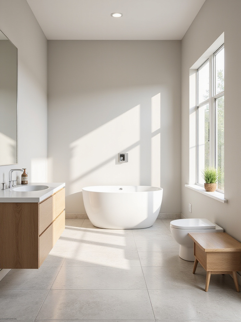 A modern bathroom with walls painted in a serene neutral greige, featuring a freestanding tub, wood vanity, and large window, creating a calm and spacious feel.