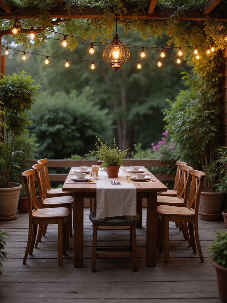 A charming al fresco dining area on a wooden deck, featuring a dining table, chairs, string lights, and potted plants, set for an outdoor meal.