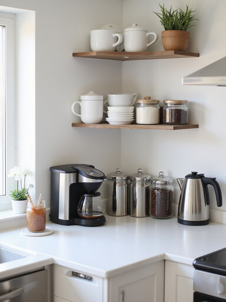 A dedicated coffee and beverage station in a modern kitchen, featuring a coffee maker, kettle, and organized supplies on a counter.
