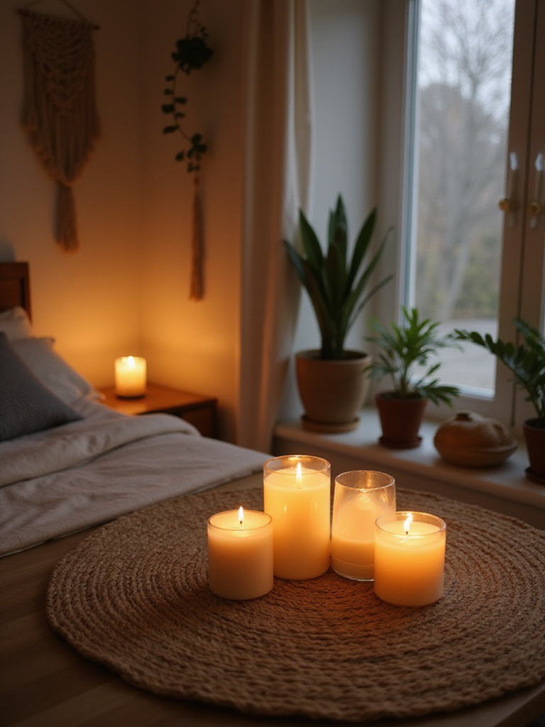 Boho bedroom with candles and diffuser creating a relaxing atmosphere