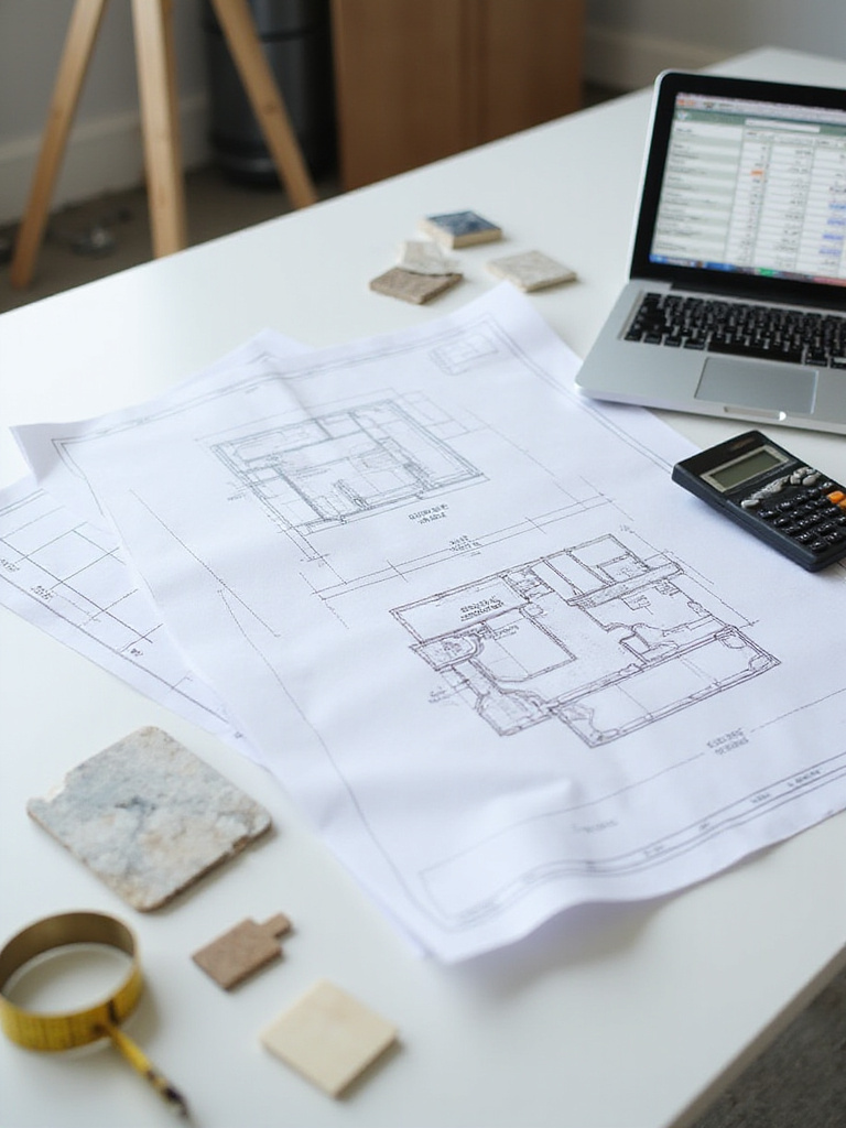 Workspace with budget documents, material samples, and tools for planning a bathtub remodel.