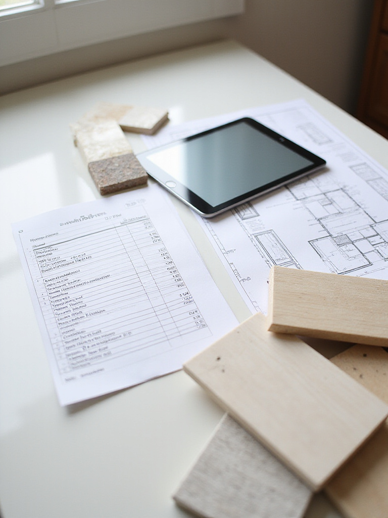 A table displaying bathroom remodel plans, a budget spreadsheet, and material samples like tile and faucet finishes, illustrating the crucial step of setting a budget for a renovation.