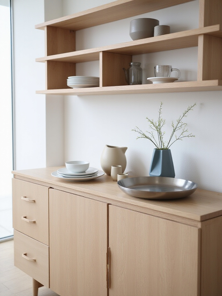 Modern dining room featuring a sideboard beautifully displaying contemporary servingware and dishes.