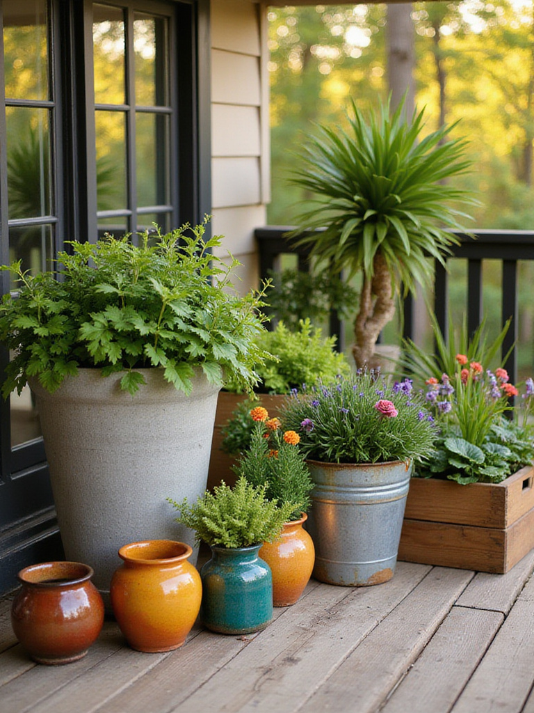 A wooden deck decorated with various unique planters holding lush plants and colorful flowers. The planters include concrete, ceramic, metal, and wood containers of different shapes and sizes, creating a vibrant and personalized outdoor space.