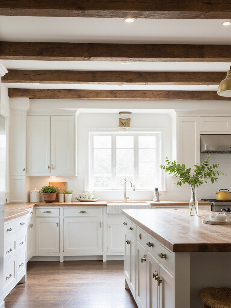Farmhouse kitchen with exposed wood beams and butcher block island