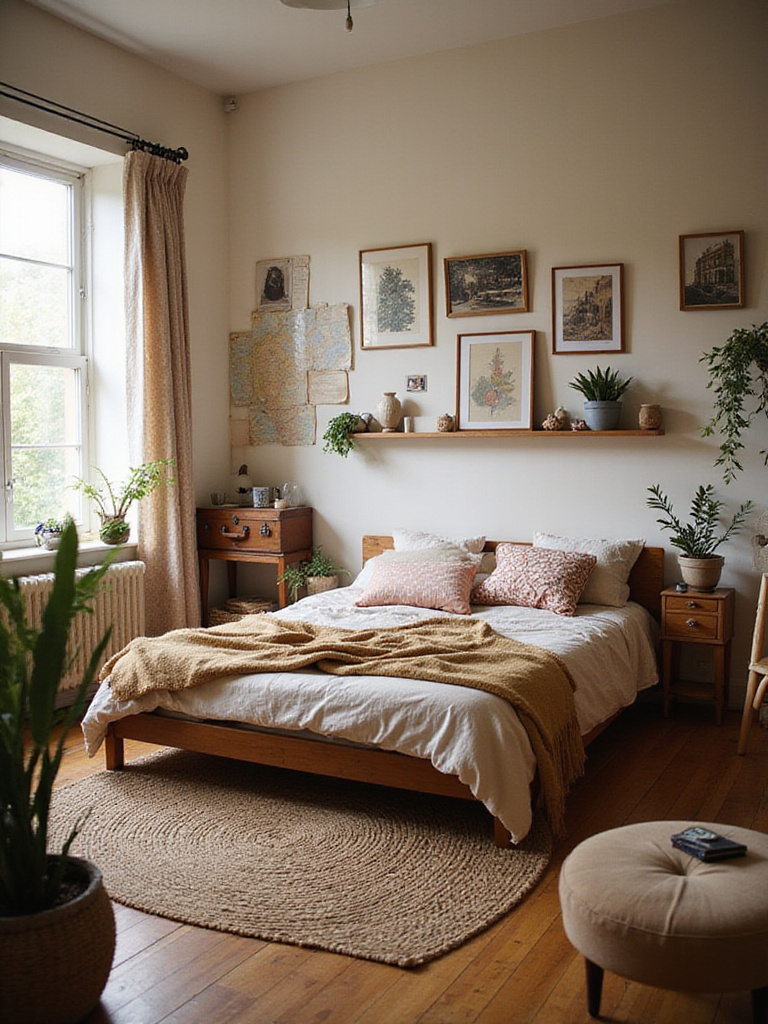 Boho bedroom with travel souvenirs and personal items displayed as decor.