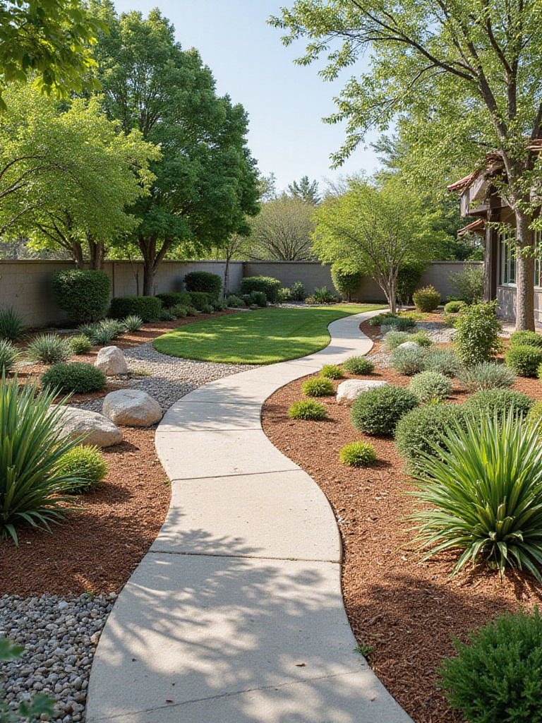 A modern low-maintenance front yard landscape featuring extensive mulched garden beds with drought-tolerant native plants, ornamental grasses, and succulents, a stone pathway, and decorative gravel areas, designed for easy care and water conservation.