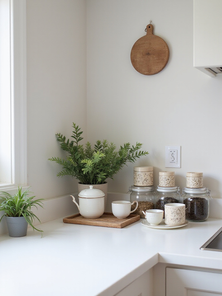 Stylish kitchen countertop corner featuring a beautifully arranged tea collection with decorative tins, glass jars, a teapot, and teacups.
