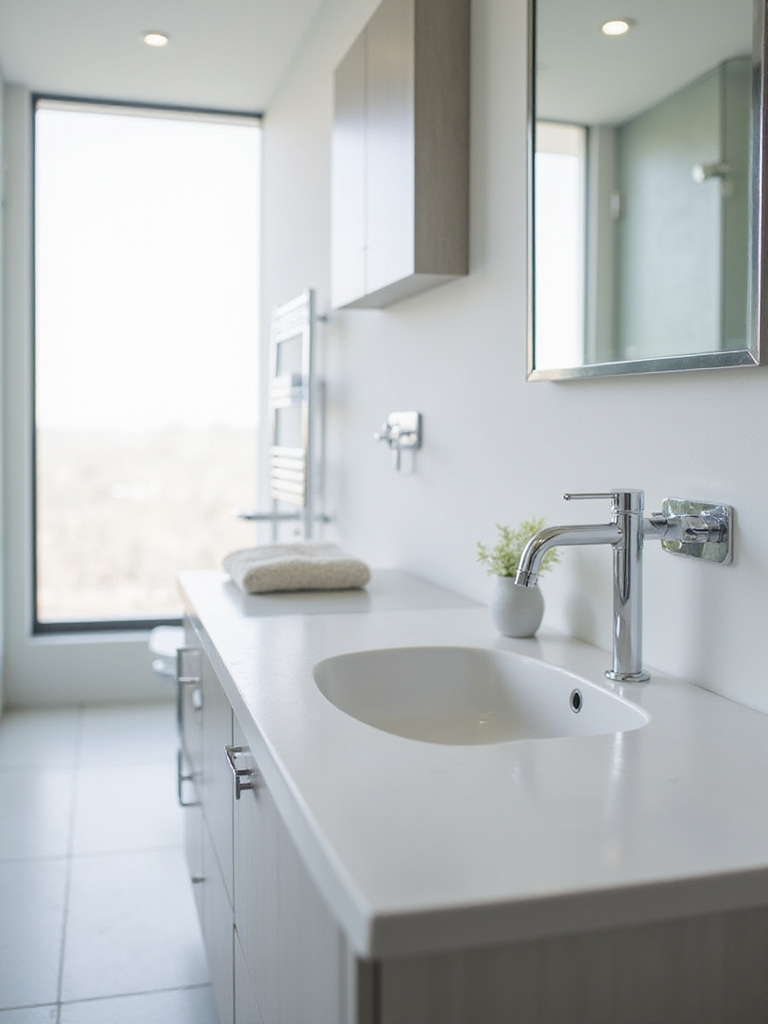 Modern bathroom vanity featuring a sleek, polished chrome faucet and matching fixtures against a clean backdrop.