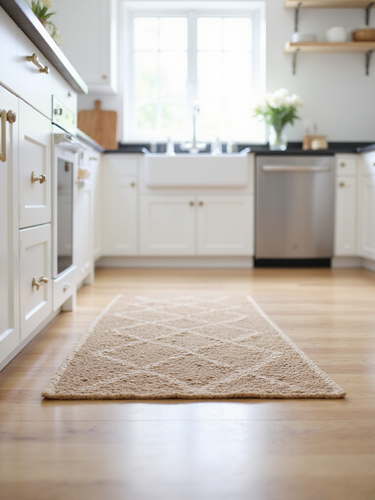 Farmhouse kitchen with jute rug in front of sink