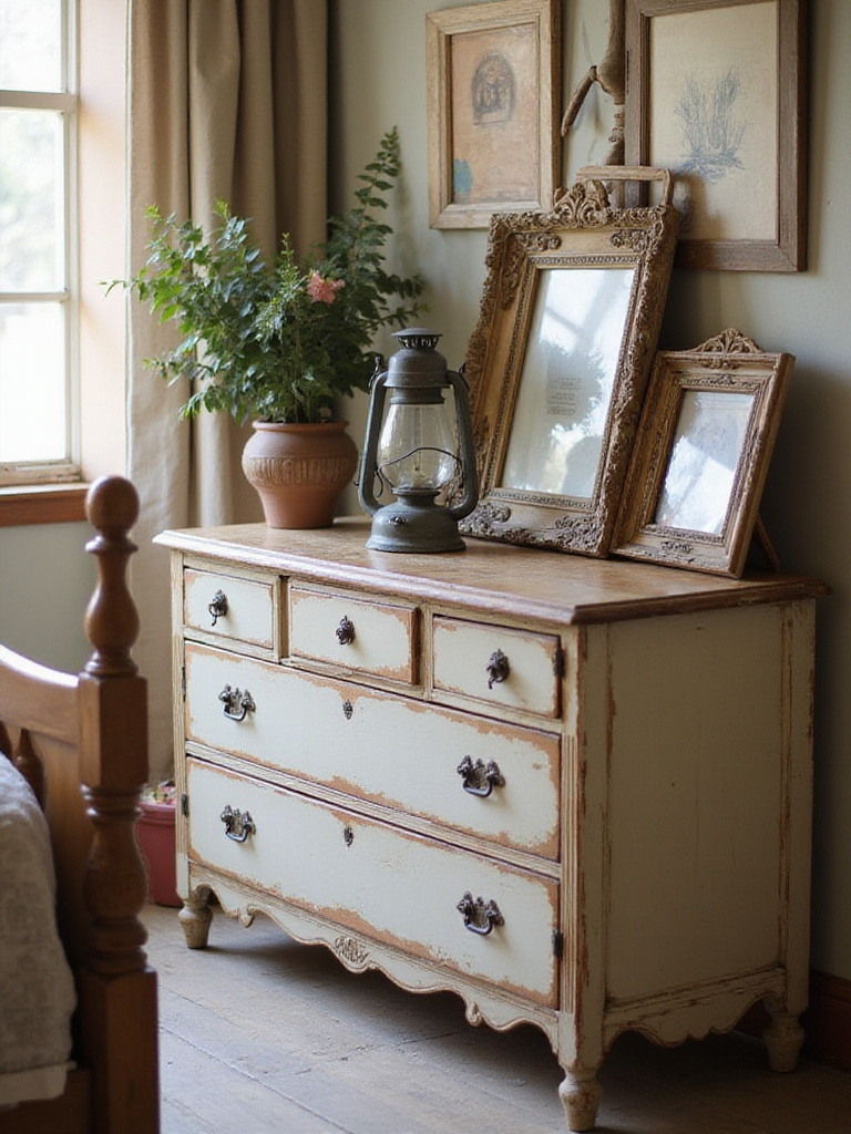 Rustic bedroom scene featuring thrifted decor items on a vintage dresser.