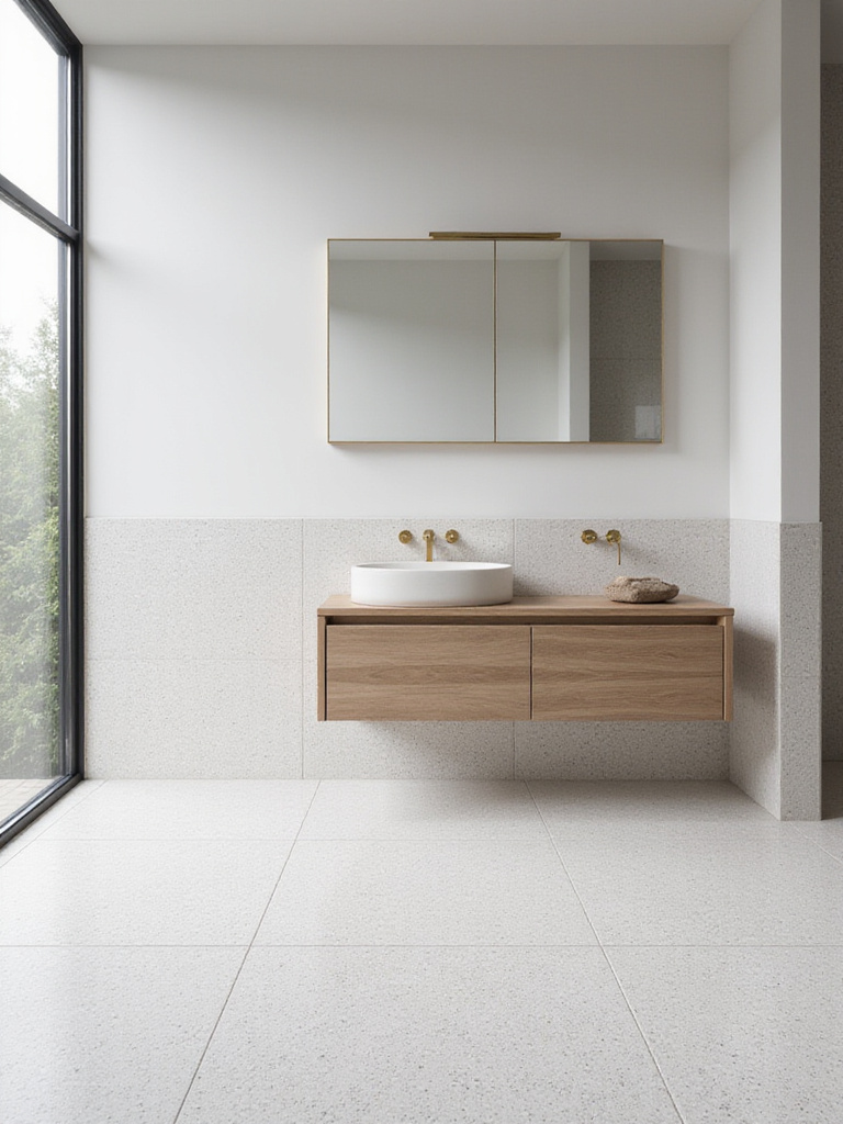Modern bathroom with light grey terrazzo tile floor and backsplash