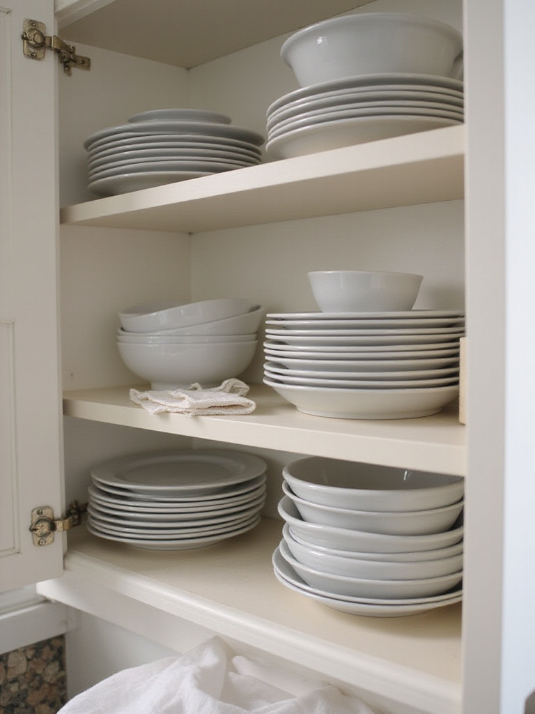 Organized kitchen cabinet with shelf risers displaying neatly stacked dishes.