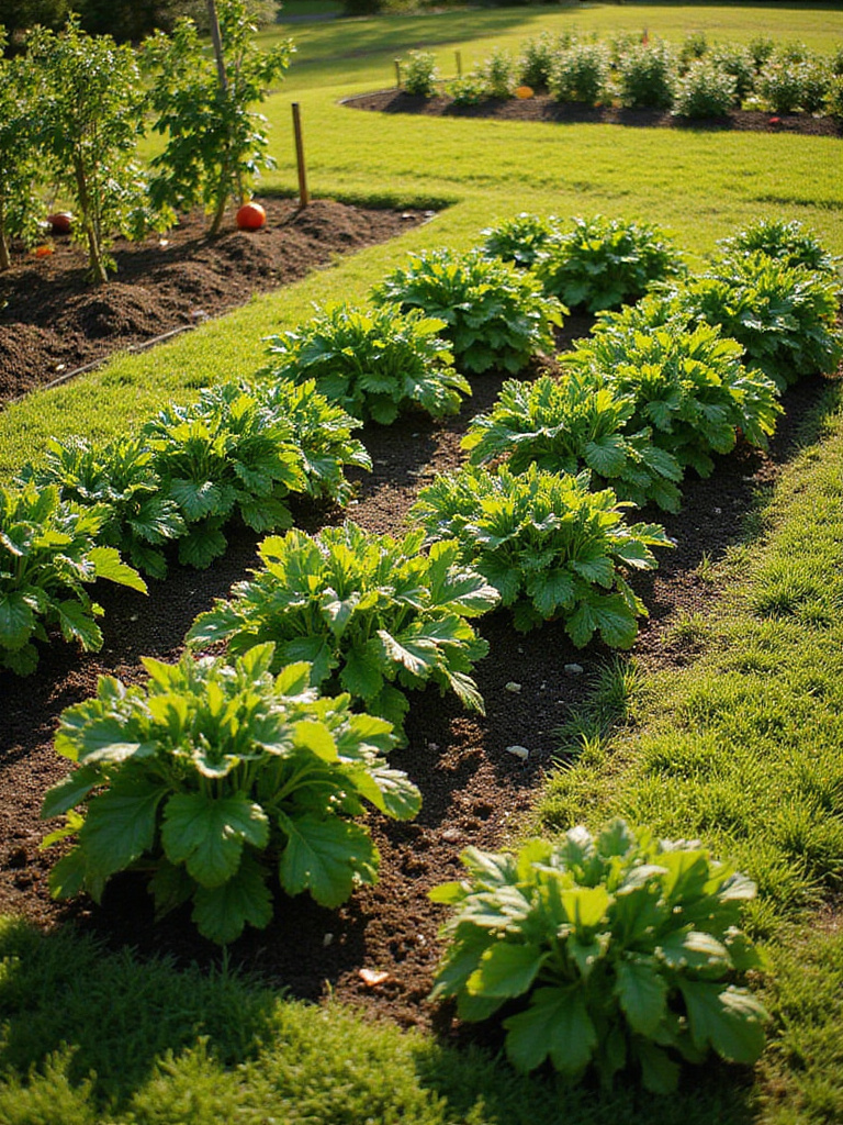 A beautiful and productive vegetable patch with raised beds filled with various healthy plants, seamlessly integrated into a sunny lawn garden.