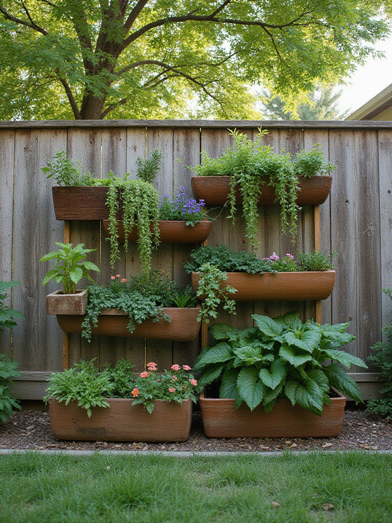 A vibrant vertical garden on a wooden fence in a backyard, featuring various plants in repurposed containers under warm afternoon sunlight.