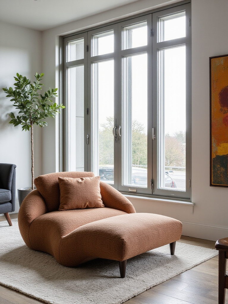 Modern living room with sculptural chaise lounge near large windows