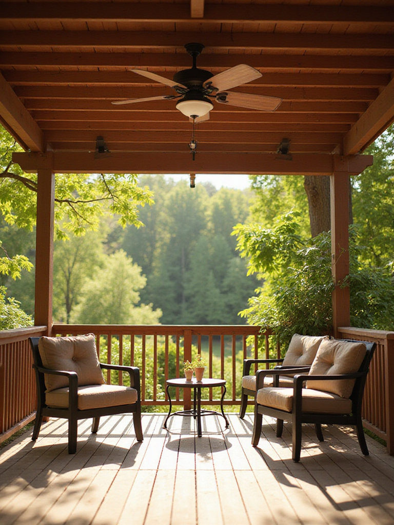 An outdoor deck with a ceiling fan installed under a pergola, providing a cool breeze over comfortable seating furniture in a sunny garden setting.