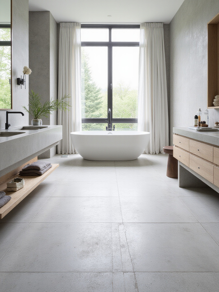 Expansive master bathroom floor covered in large format light gray porcelain tiles, showcasing a freestanding tub and vanity.