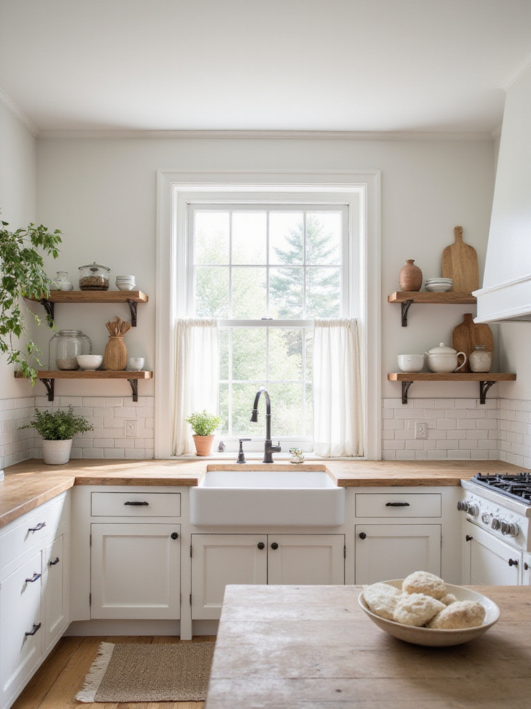 Bright farmhouse kitchen with white cabinets and neutral accents