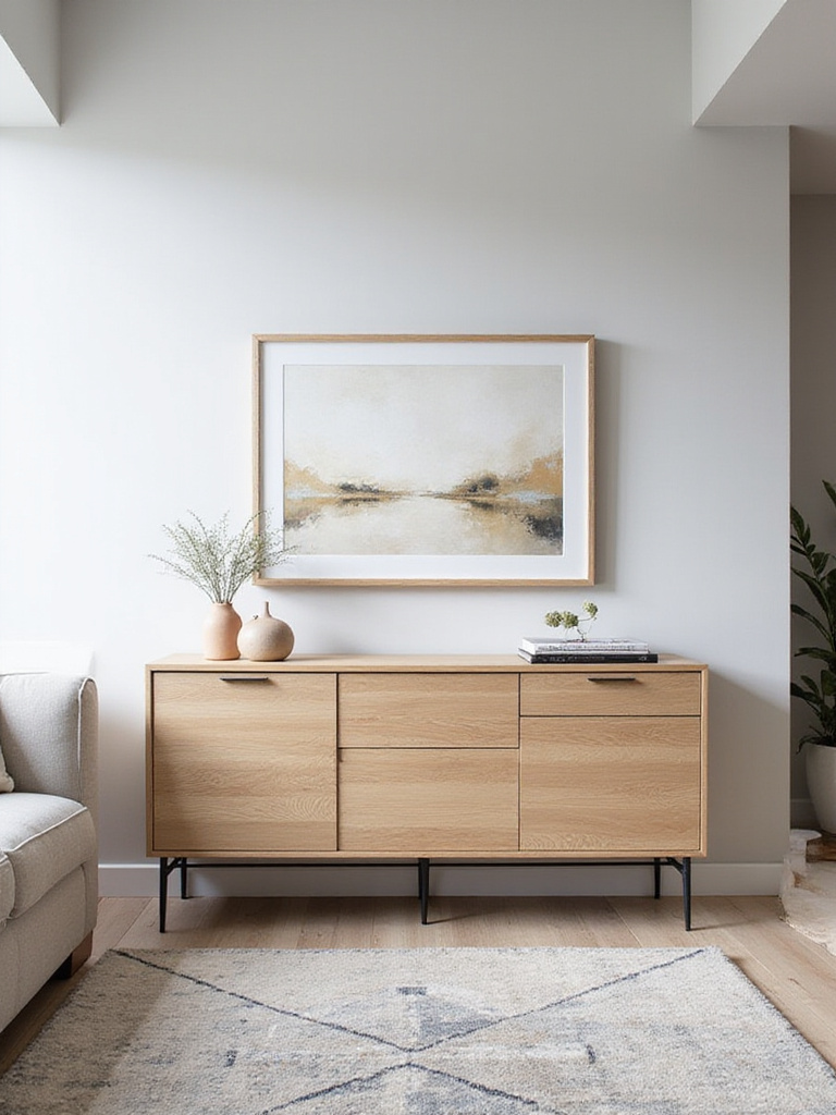 Modern living room with light oak credenza for stylish storage.