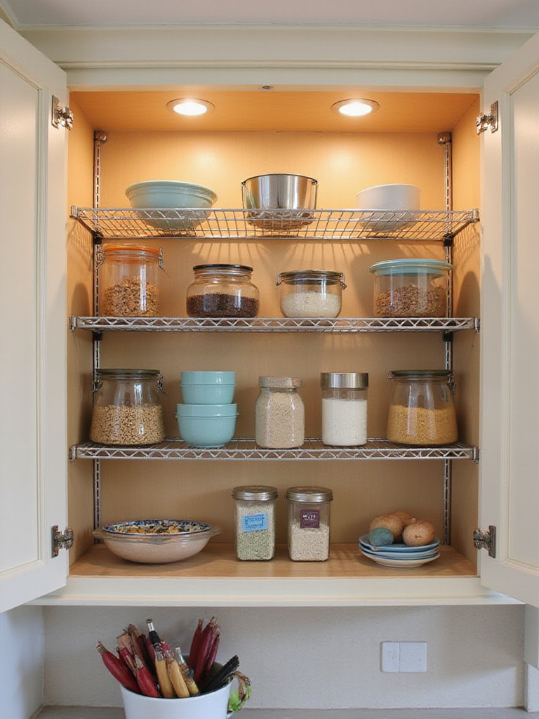 Organized kitchen cabinet with adjustable shelving showcasing various kitchen items neatly arranged.