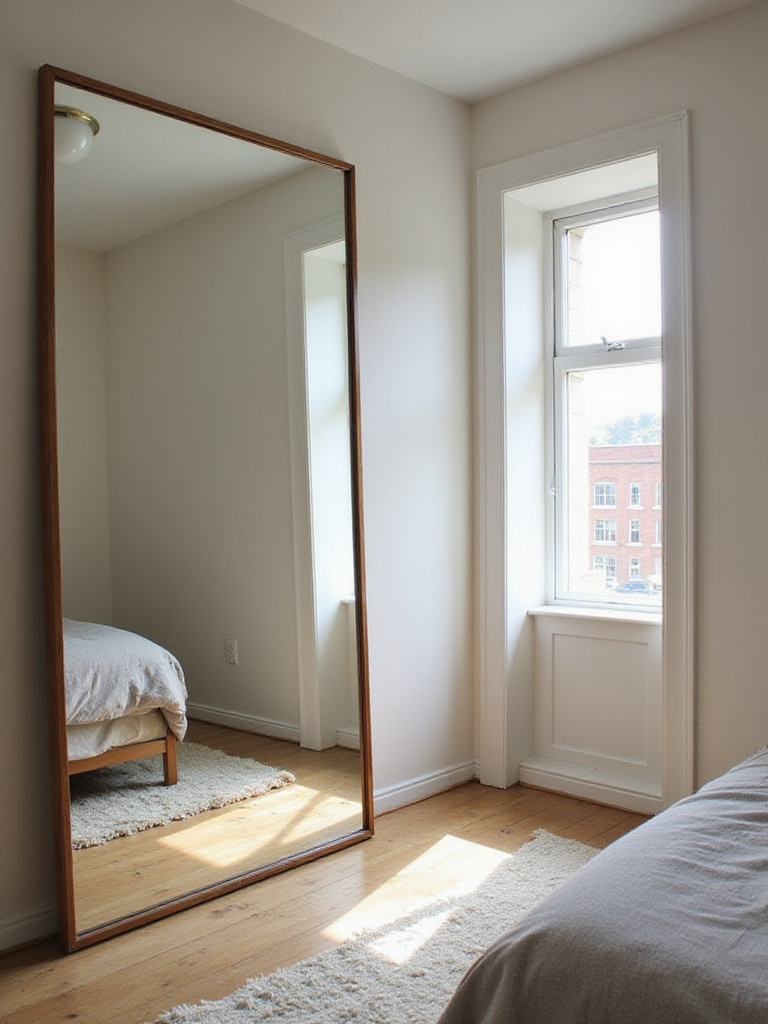 A strategically placed large mirror in a small bedroom reflecting light and scenery to visually expand the room and create an illusion of spaciousness.
