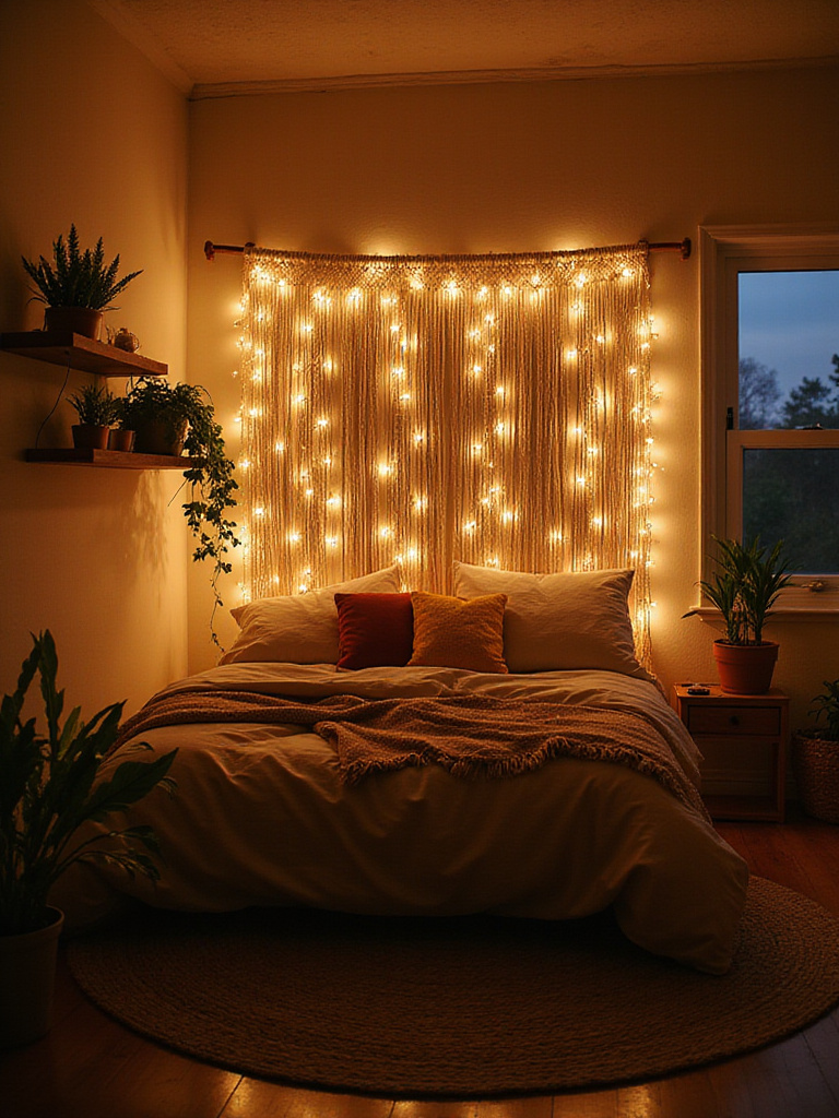 Boho bedroom with fairy lights draped across a macrame headboard and plants, creating a magical and cozy atmosphere.