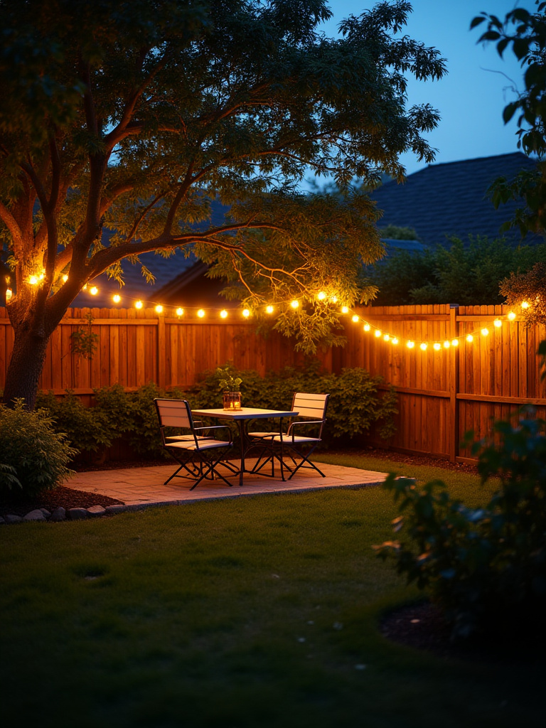Backyard patio at dusk illuminated by warm, twinkling string lights draped overhead and through trees.