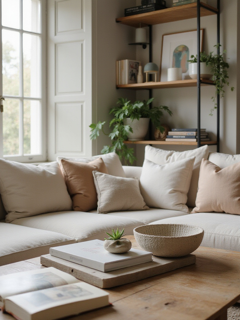 Stylishly arranged coffee table and shelf decor in a modern living room, featuring books, plants, and decorative objects.
