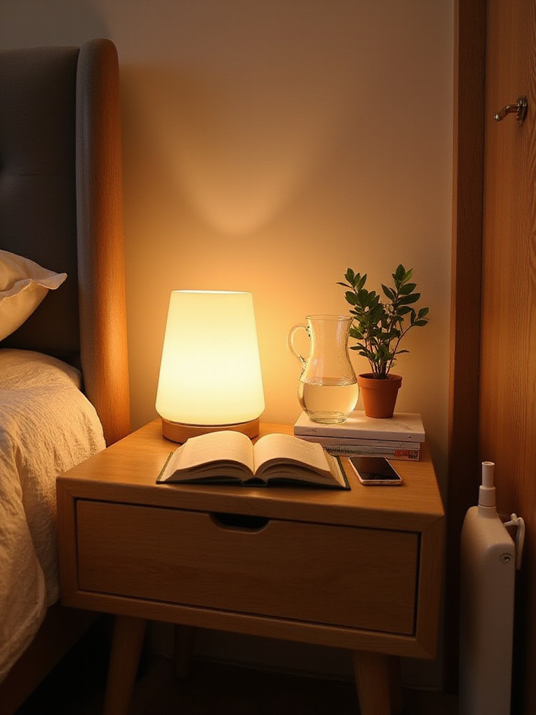 A stylish and functional bedside table in an apartment bedroom, featuring a warm lamp, books, water carafe on a tray, phone, and a small plant.
