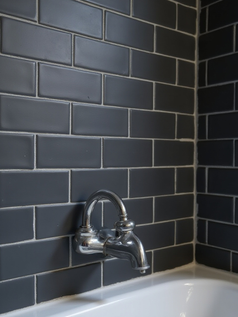 Bathroom wall with dark gray subway tiles and light gray grout.