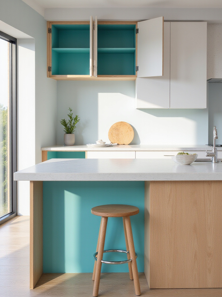 Modern kitchen with light wood island, white countertops, and a surprising pop of bright turquoise paint on the underside of the island overhang and inside open cabinets.