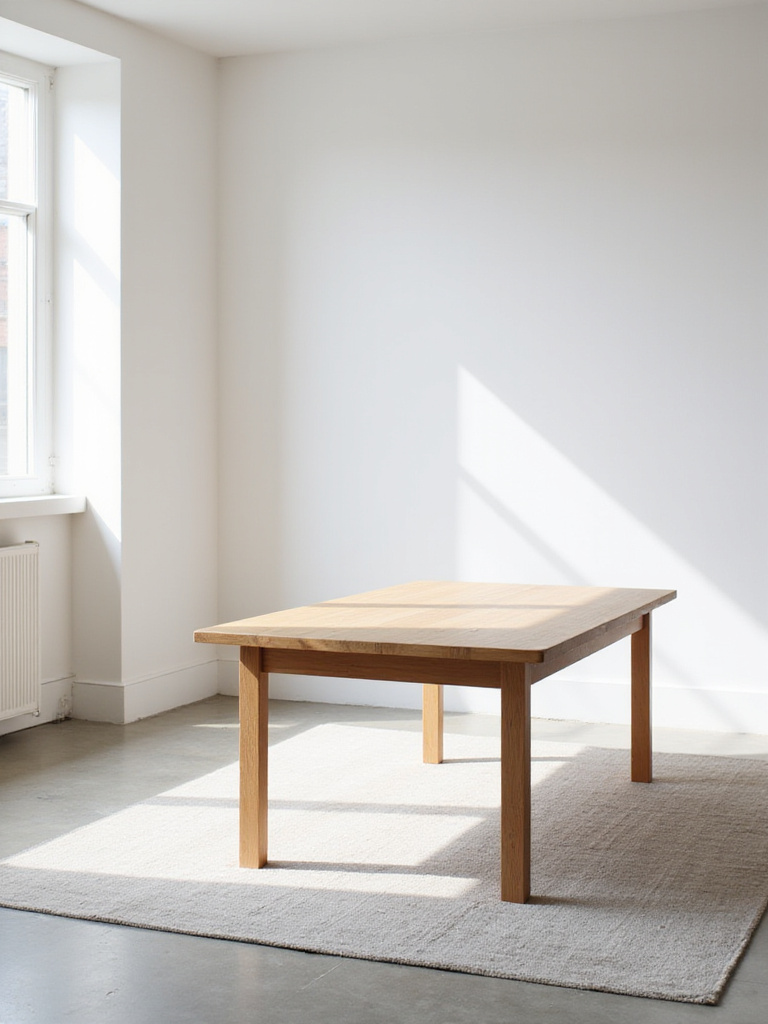 Modern dining room with a sleek, minimalist light oak dining table.
