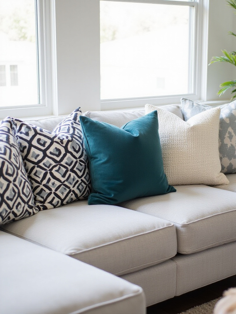 Modern living room with gray sofa and bold patterned and textured accent pillows.