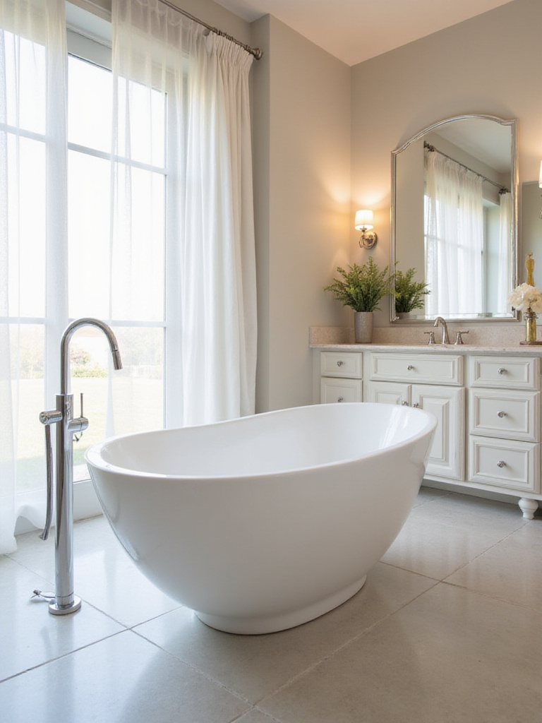 Elegant master bathroom with a white oval freestanding tub on a light grey tiled floor, bathed in soft natural light from a large window.