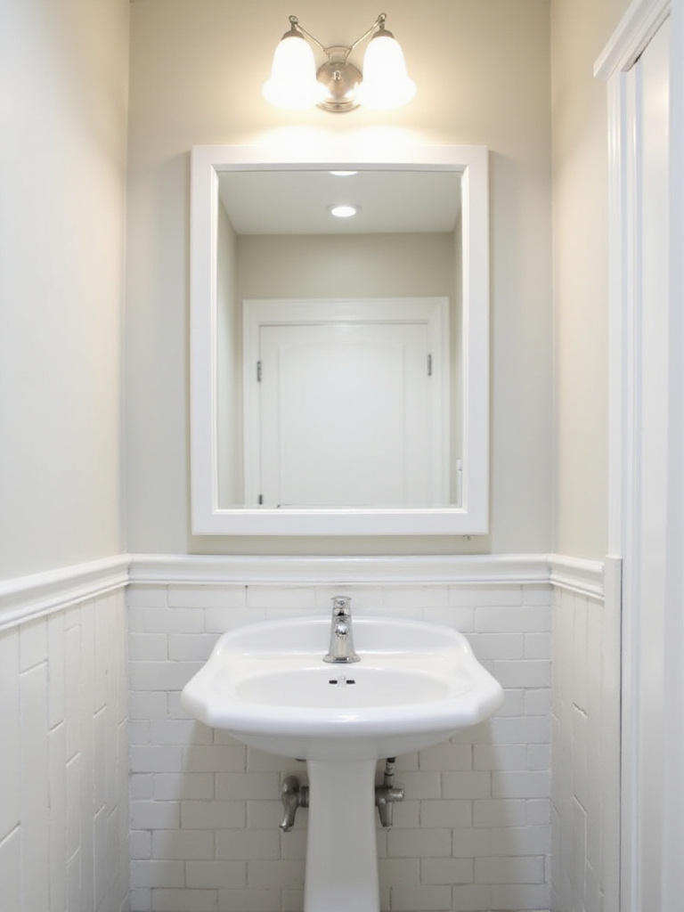 A classic bathroom featuring a white pedestal sink and a discreet recessed medicine cabinet with a mirrored door integrated into the wall above it, showcasing clean lines and space-saving design.