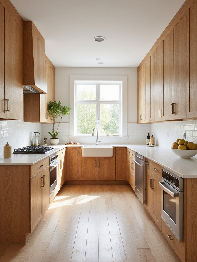 Bright kitchen with medium-brown oak cabinets and light quartz countertops.